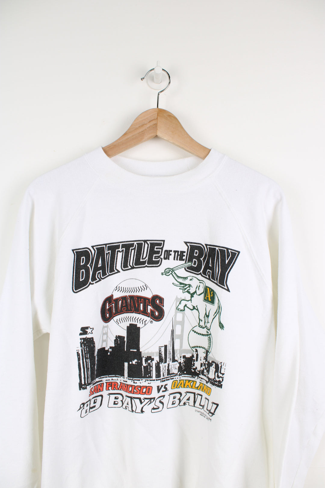 Vintage MLB 1989 Battle Of The Bay San Francisco Giants vs Oakland Athletics  white crewneck sweatshirt with printed graphic on the chest