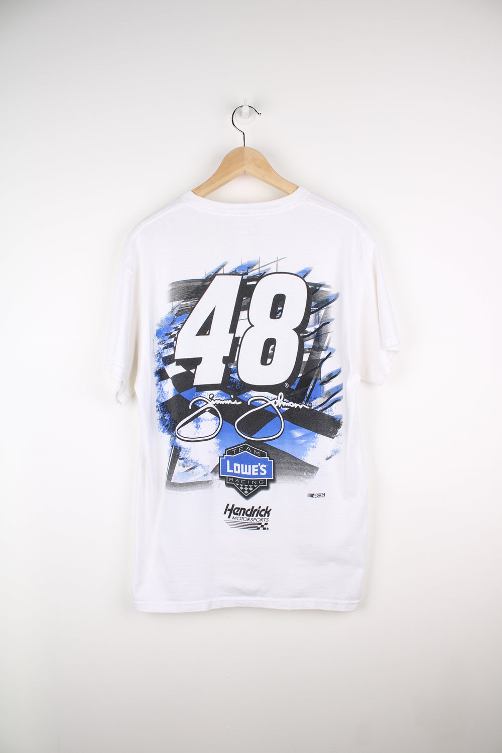 White Lowe's NASCAR racing t-shirt. Features printed design on the front and back.  good condition Size in Label: Mens L