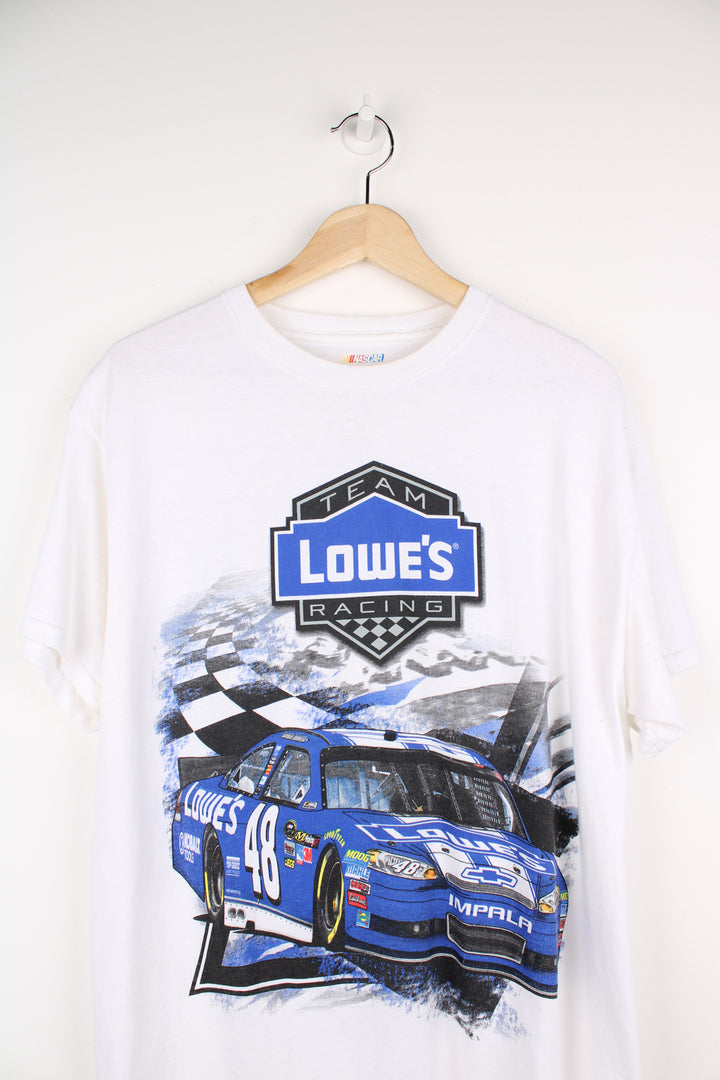 White Lowe's NASCAR racing t-shirt. Features printed design on the front and back.  good condition Size in Label: Mens L