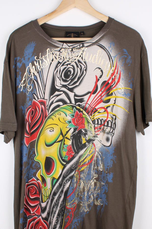 Y2K Christian Audigier/ Ed Hardy brown slim fit t-shirt with printed floral skull/ puma graphic on the front and back. good condition Size in Label: Womens XL