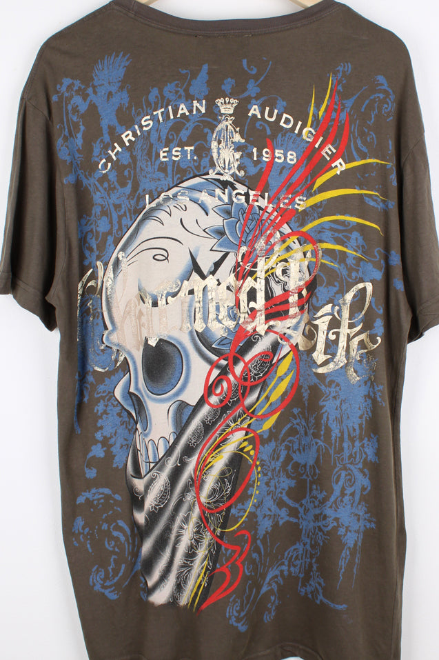 Y2K Christian Audigier/ Ed Hardy brown slim fit t-shirt with printed floral skull/ puma graphic on the front and back. good condition Size in Label: Womens XL