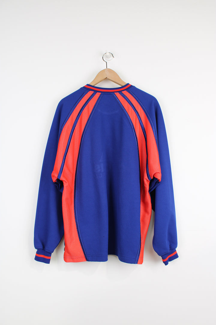 Vintage 90's Adidas Basketball sweatshirt/ training top. Features blue and orange colour scheme,  1/4 zips at the sides for ventilation and embroidered logo across the chest.  good condition Size in Label: Mens M- Measures like a mens XL 