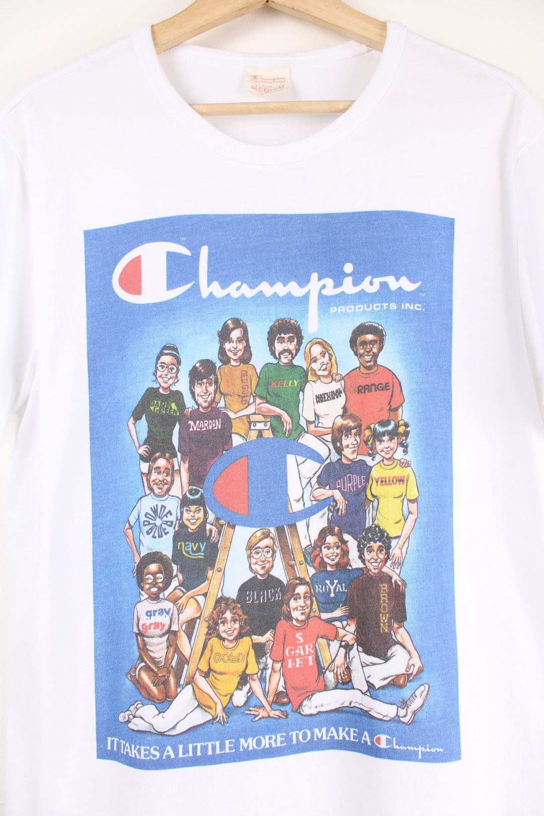 Vintage 00's Champion Products Inc. T-shirt in white with graphic cartoon team design on the front.