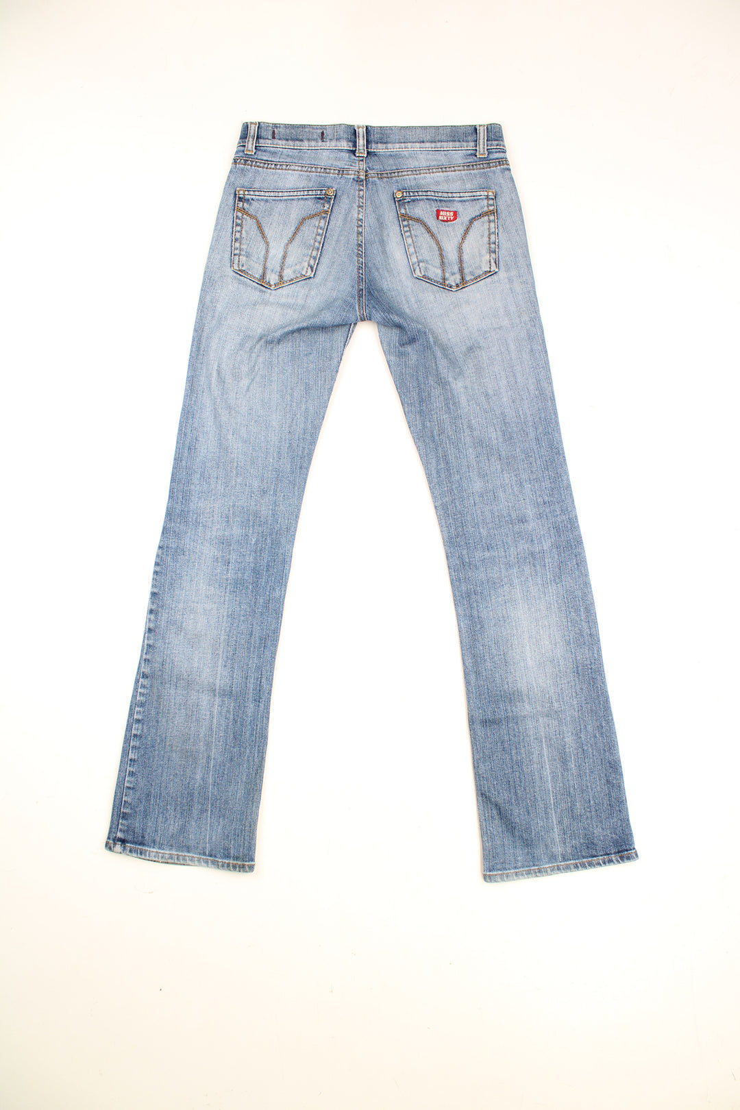 Vintage Miss Sixty Y2K Jeans in a blue colourway, low rise, multiple pockets and has the logo embroidered on the front and back.