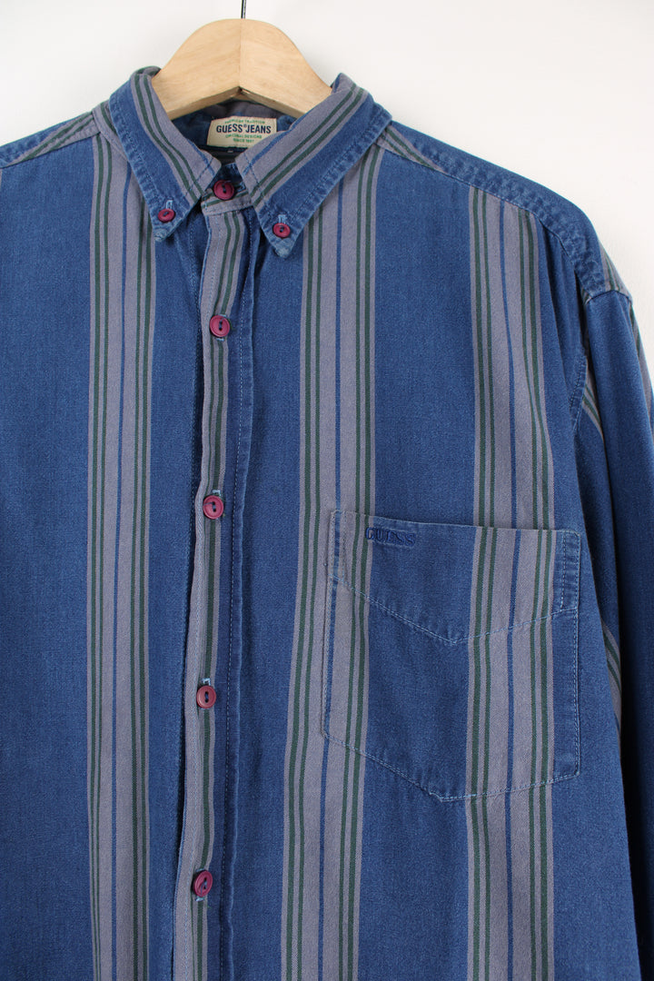 Vintage 90's Guess, blue striped cotton shirt features embroidered logo on the chest