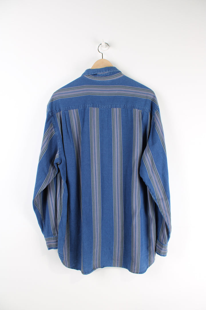 Vintage 90's Guess, blue striped cotton shirt features embroidered logo on the chest