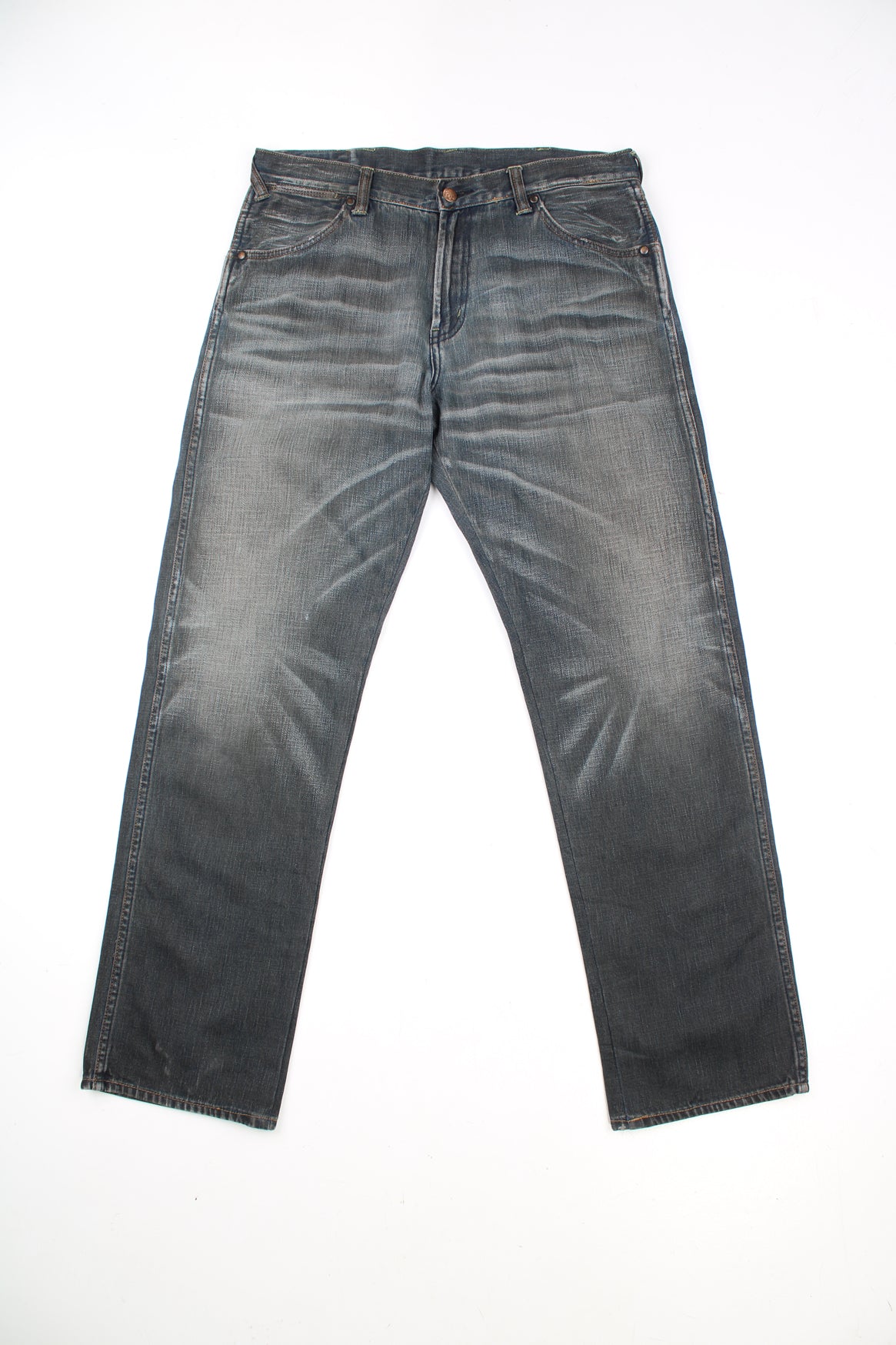 Evisu Y2K Jeans in a dark grey colourway with a striped wash design throughout, multiple pockets, and has the logo embroidered on the back pockets.