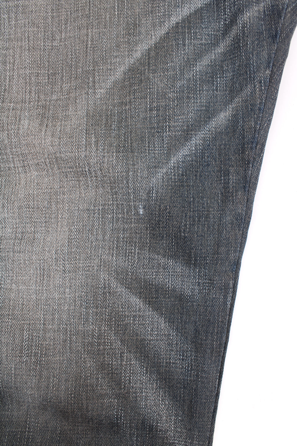 Evisu Y2K Jeans in a dark grey colourway with a striped wash design throughout, multiple pockets, and has the logo embroidered on the back pockets.