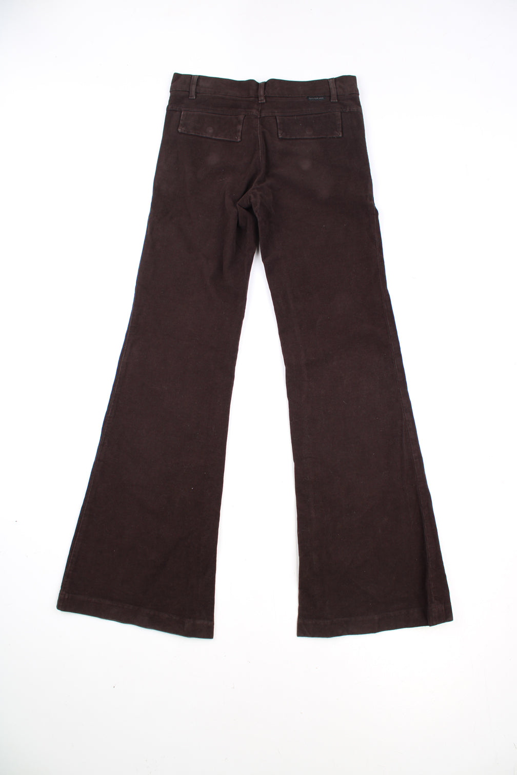 Calvin Klein Flared Corduroy Trousers in a brown colourway, low rise, side pockets, adjustable waist, and has the logo embroidered on the back.