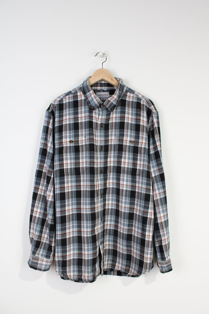 Carhartt relaxed fit, grey plaid button up shirt with branded chest pocket