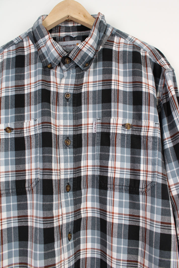 Carhartt relaxed fit, grey plaid button up shirt with branded chest pocket