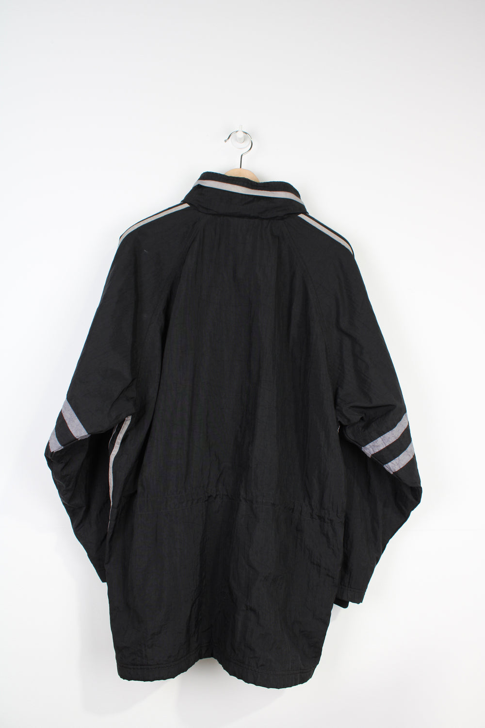 Adidas zip-through padded sports coat with embroidered three stripes on sleeves, foldaway hood and embroidered logo on chest