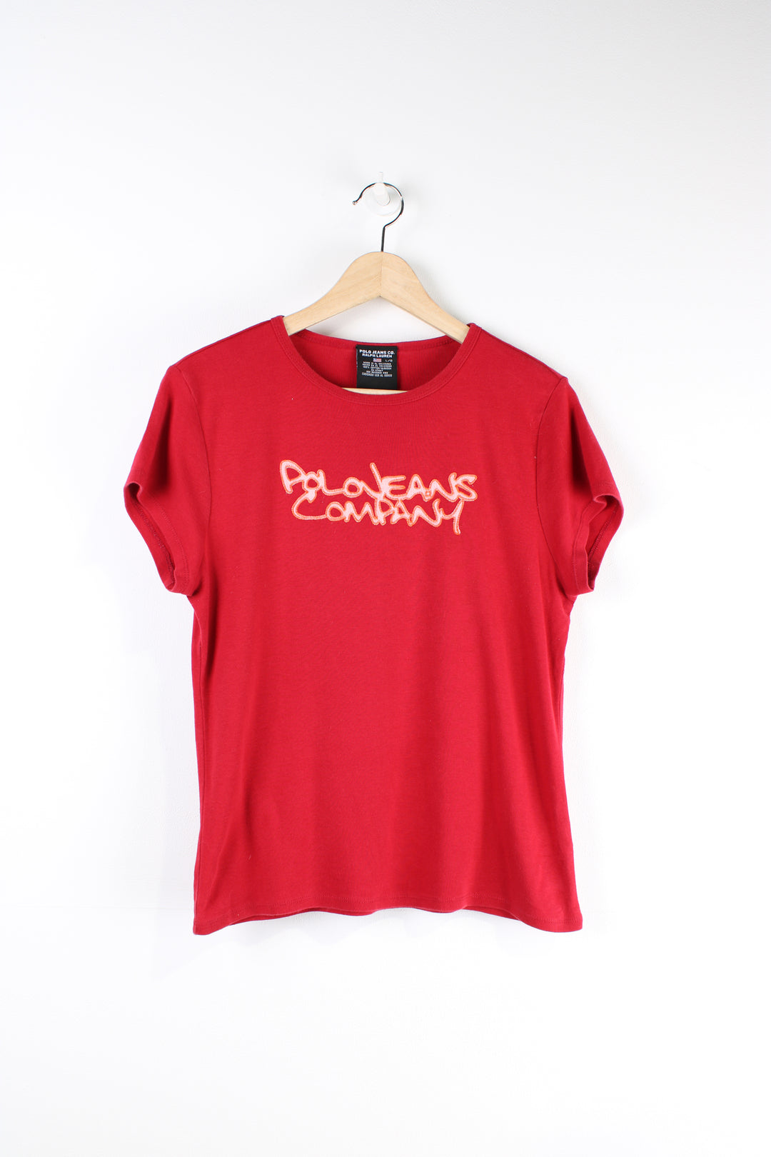 Women's all red Polo Jeans Company by Ralph Lauren baby tee, features embroidered spell-out on the front