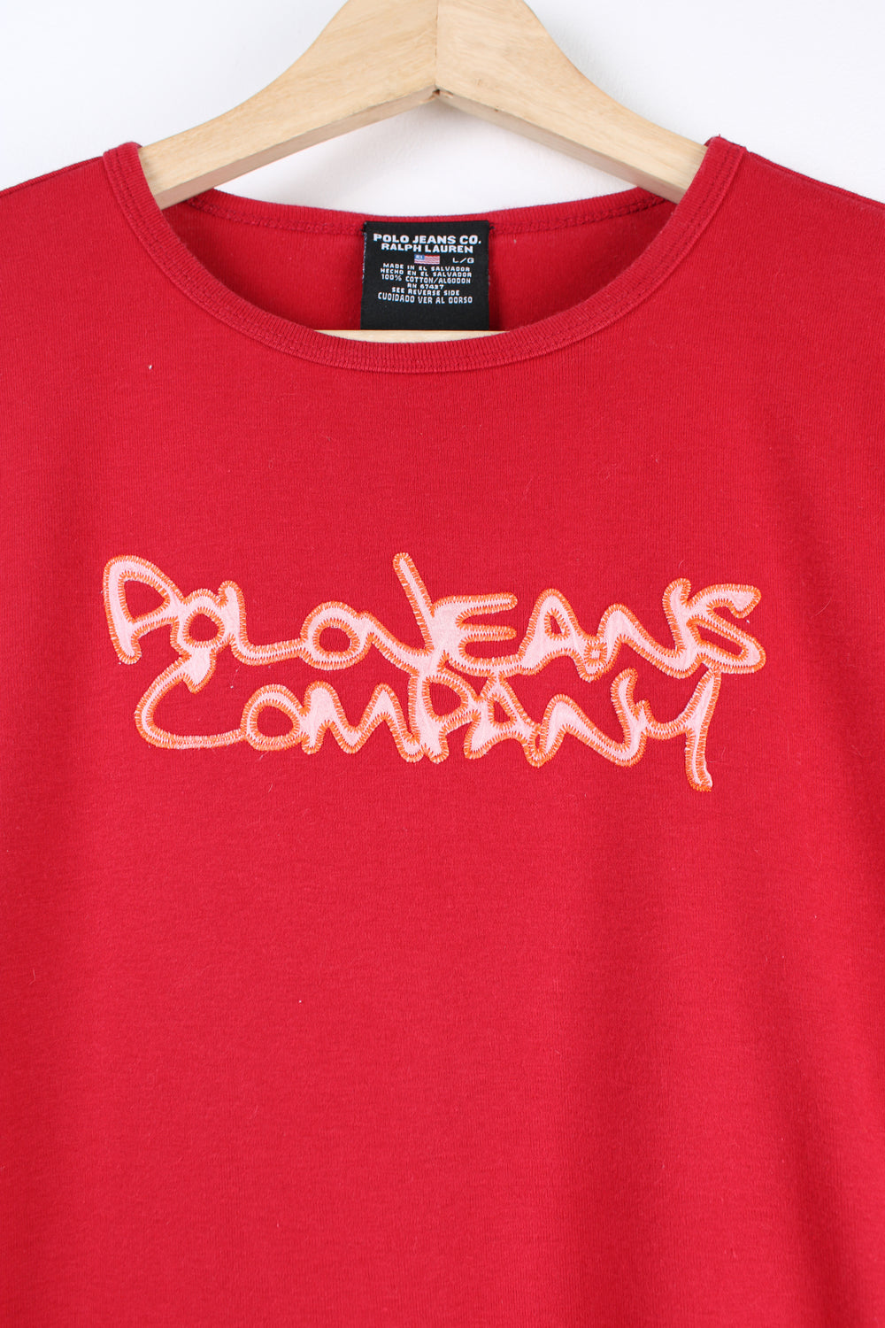 Women's all red Polo Jeans Company by Ralph Lauren baby tee, features embroidered spell-out on the front