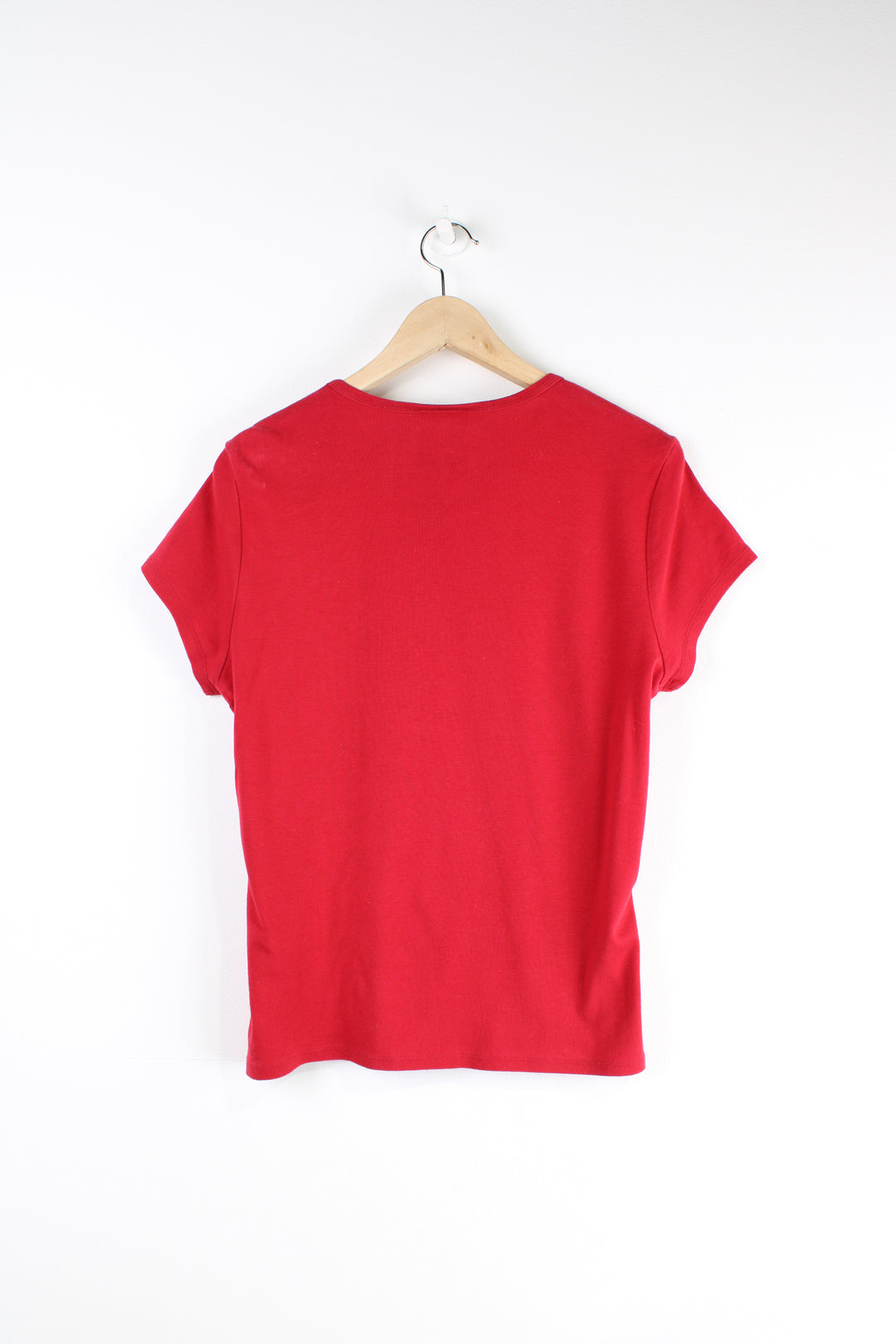 Women's all red Polo Jeans Company by Ralph Lauren baby tee, features embroidered spell-out on the front