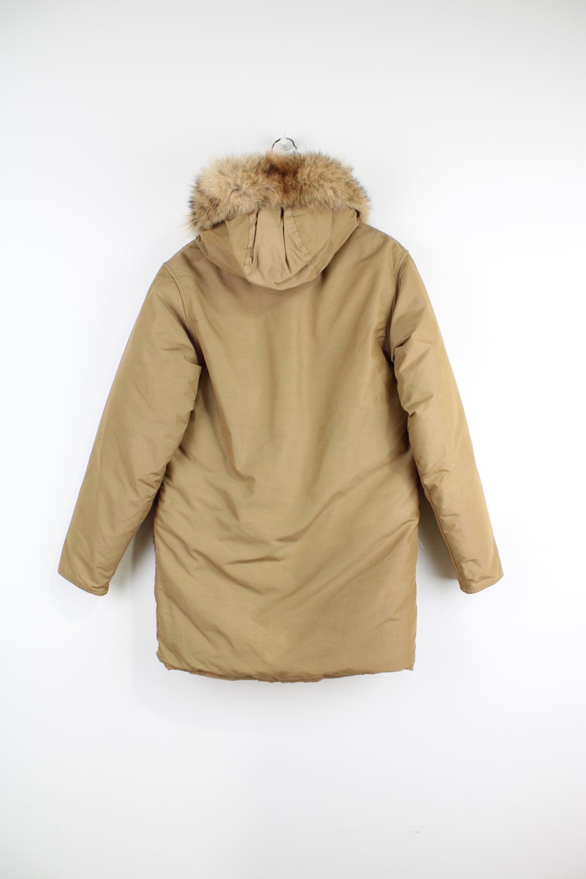 Woolrich 3/4 length puffer style parka coat, with fur trim around the hood and multiple pockets