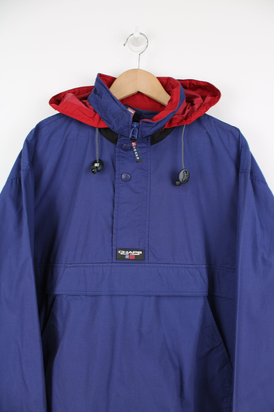 Vintage Chaps Ralph Lauren pullover/smock jacket in blue, features large front pocket and drawstring hood