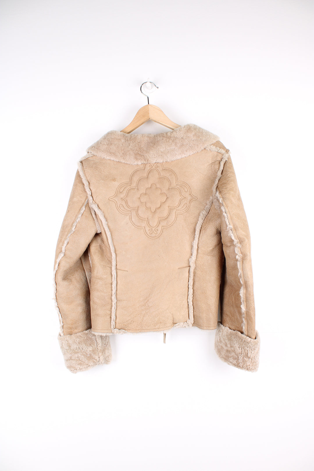 Diesel chunky cropped shearling jacket with toggle buttons and embroidered floral details on the back and shoulders