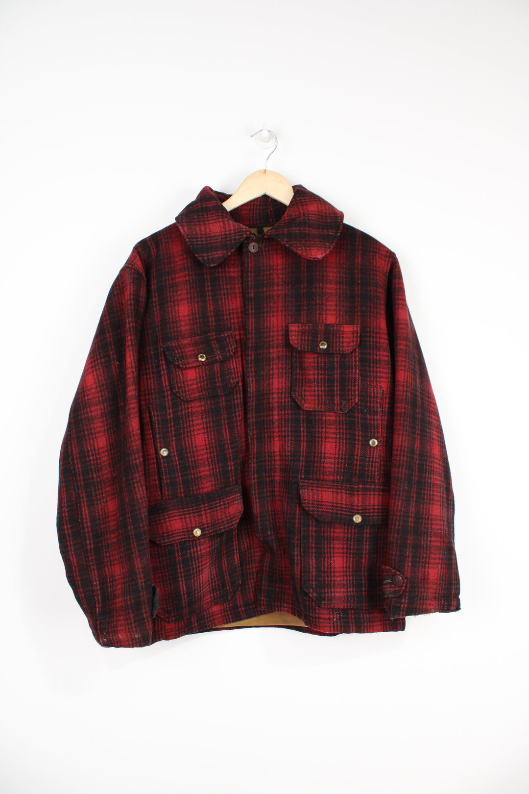 Vintage 1950/60's Woolrich red & black plaid wool button up CPO jacket with multiple pockets