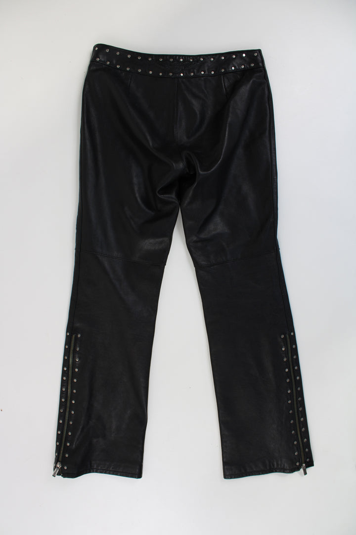 Vintage Harley Davidson all black genuine leather trousers, with studded waist band and zip up cuffs