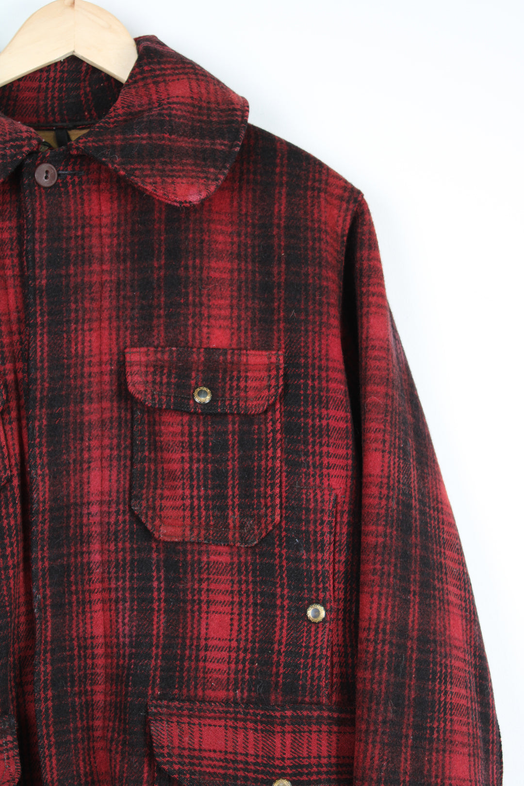 Vintage 1950/60's Woolrich red & black plaid wool button up CPO jacket with multiple pockets