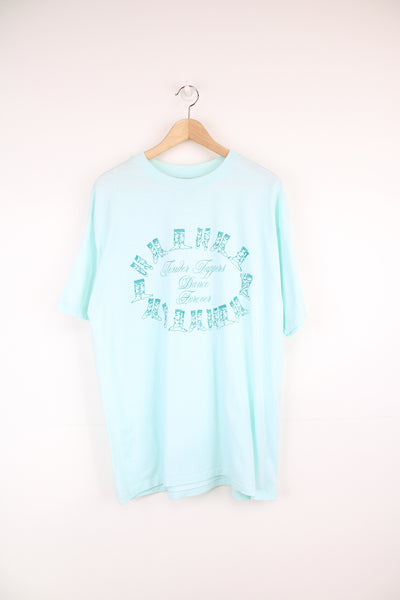 Vintage 'Tender Tappers Dance Forever' baby blue single stitch t-shirt with printed graphic on the front, made in the USA by Hanes