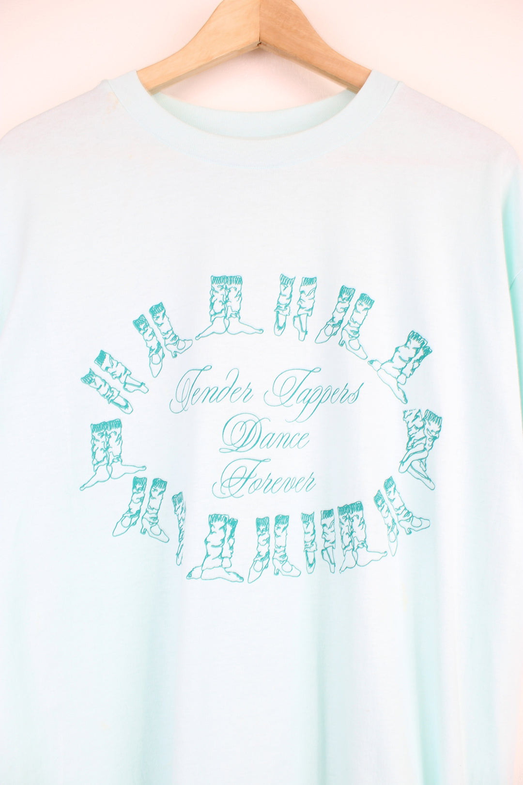 Vintage 'Tender Tappers Dance Forever' baby blue single stitch t-shirt with printed graphic on the front, made in the USA by Hanes