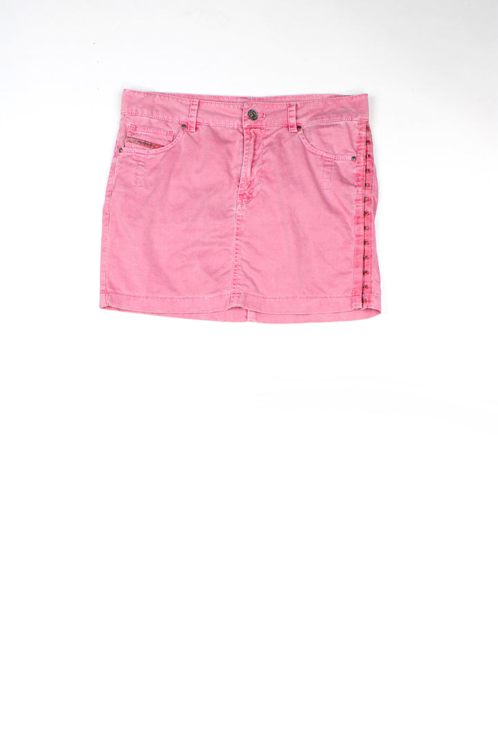 Vintage Y2K Diesel pink cotton mini skirt with hook and eye detail down the side  good condition  Size in label:  No Size - Would estimate it would fit a UK size 8/ S (please see measurements below for accurate sizing)