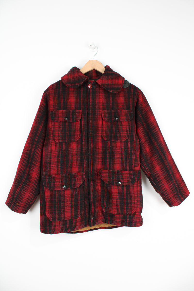 Vintage 1970's Woolrich red & black plaid wool button up CPO jacket with multiple pockets