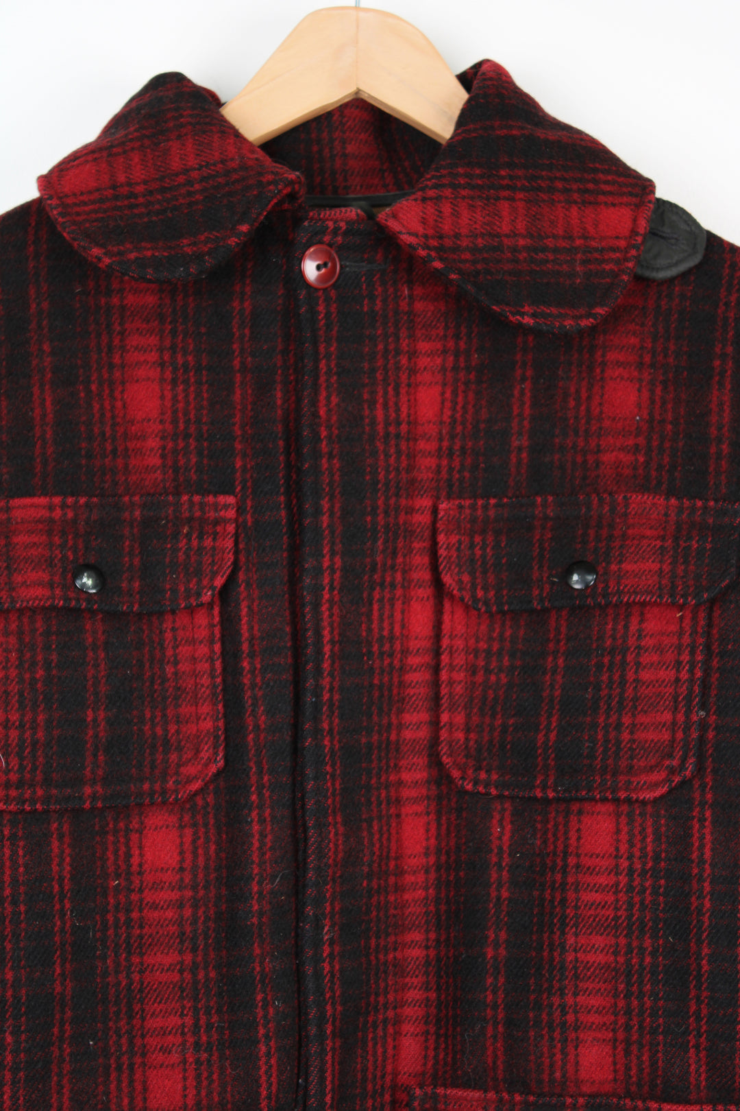 Vintage 1970's Woolrich red & black plaid wool button up CPO jacket with multiple pockets