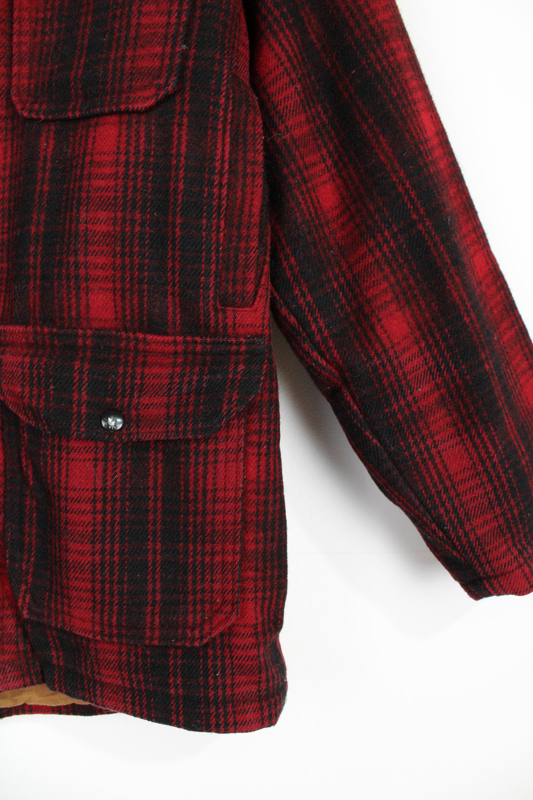 Vintage 1970's Woolrich red & black plaid wool button up CPO jacket with multiple pockets