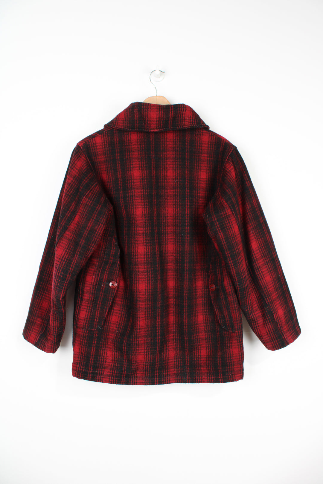 Vintage 1970's Woolrich red & black plaid wool button up CPO jacket with multiple pockets