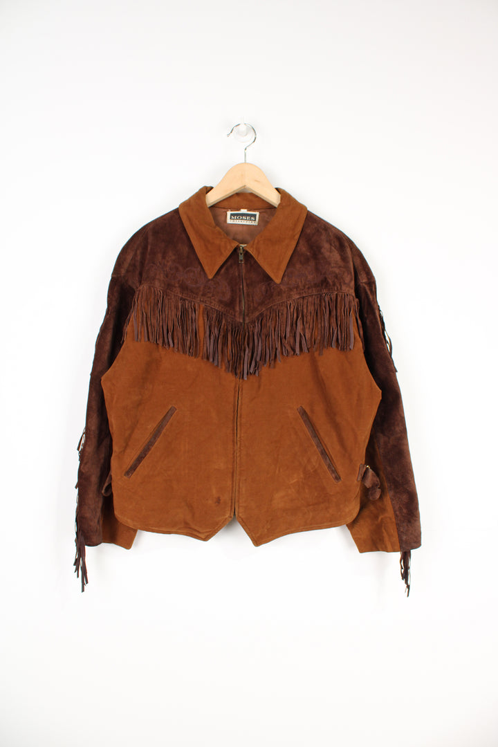 Vintage western style brown velour cropped jacket with embroidered fringe details