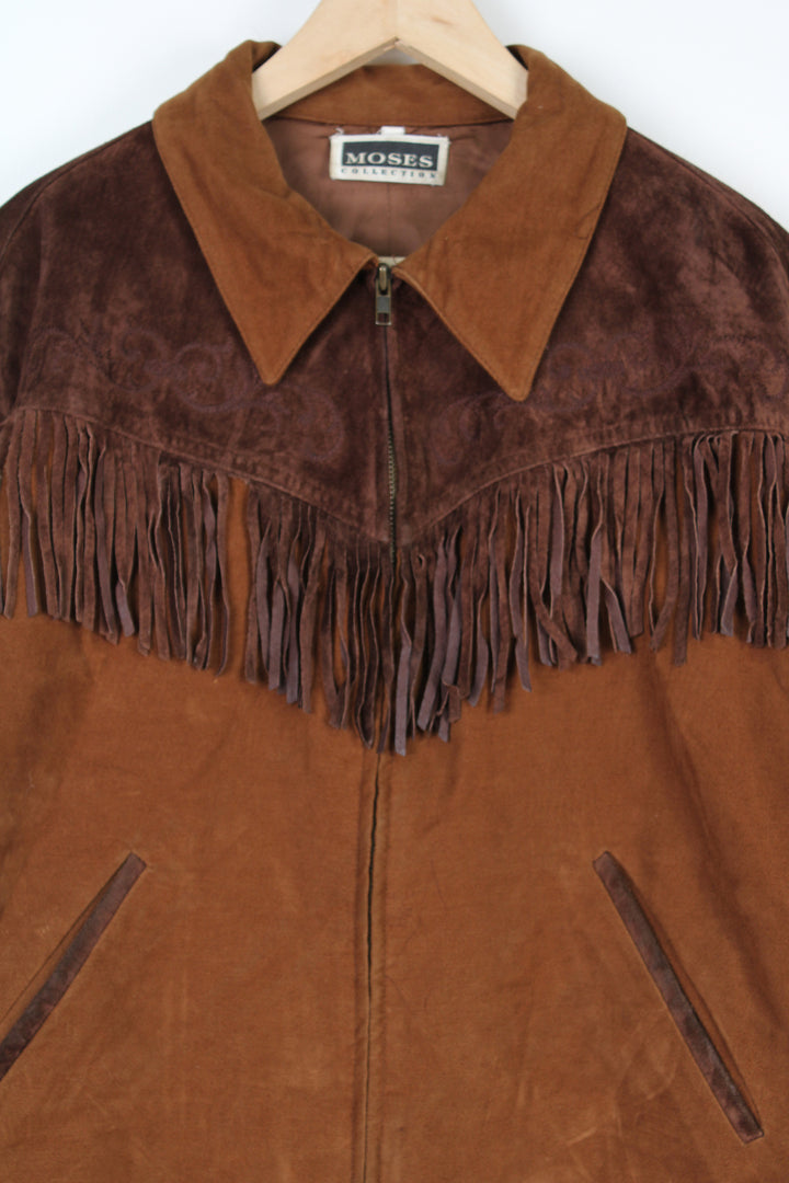 Vintage western style brown velour cropped jacket with embroidered fringe details