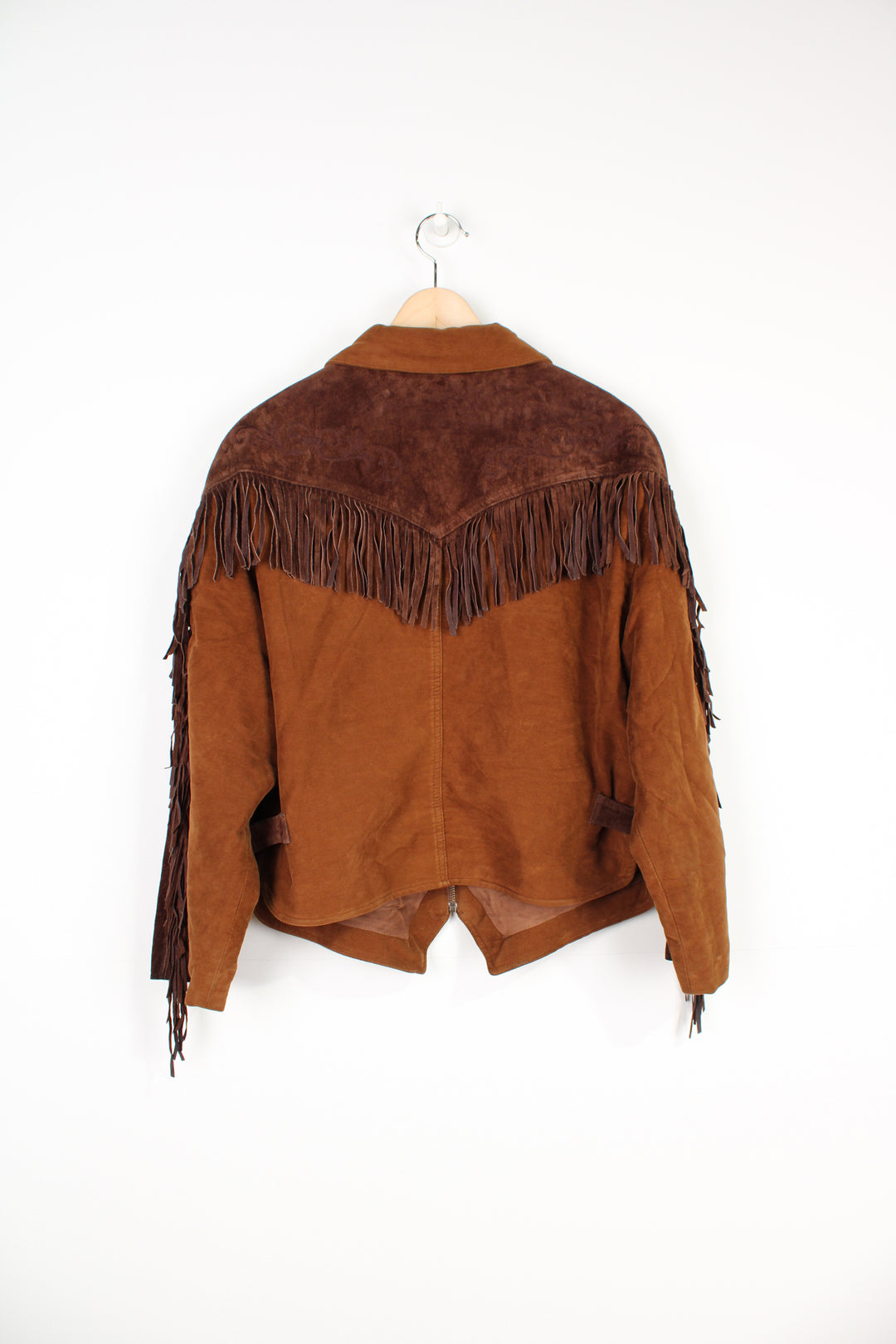 Vintage western style brown velour cropped jacket with embroidered fringe details