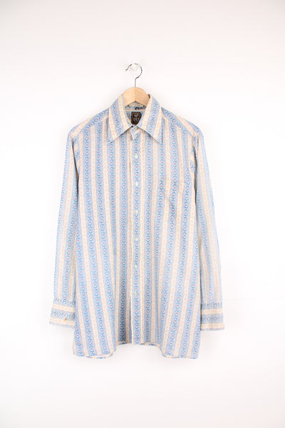Vintage Johnson Gray 70's style floral/striped patterned shirt in blue, cream and red button up with chest pocket