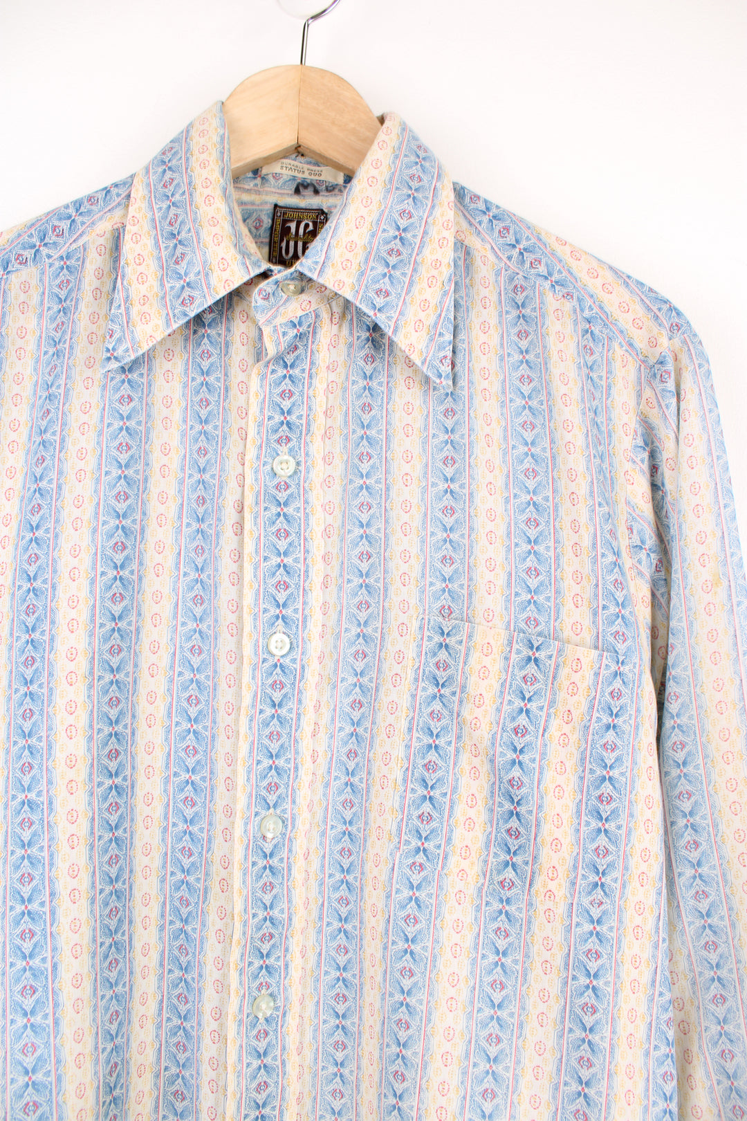 Vintage Johnson Gray 70's style floral/striped patterned shirt in blue, cream and red button up with chest pocket