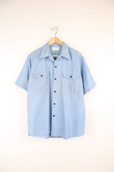 Vintage made in the USA 1970's perma-prest pale blue cotton work shirt with dagger collar and double chest pockets 