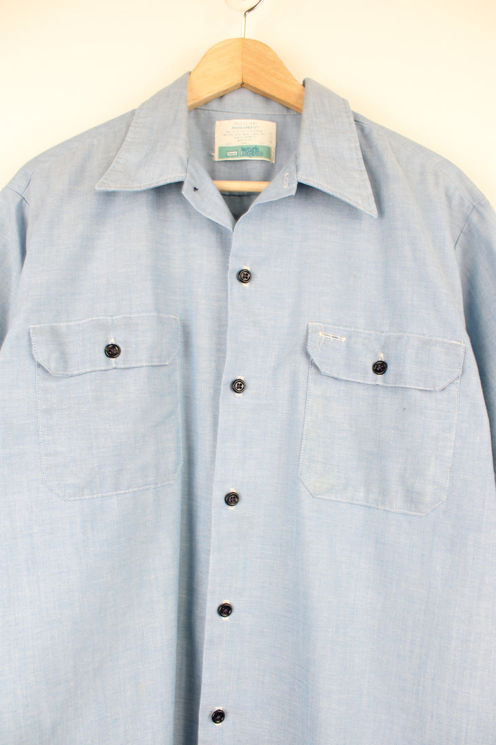 Vintage made in the USA 1970's perma-prest pale blue cotton work shirt with dagger collar and double chest pockets 