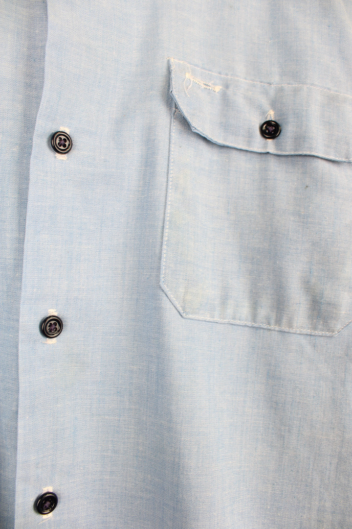 Vintage made in the USA 1970's perma-prest pale blue cotton work shirt with dagger collar and double chest pockets 