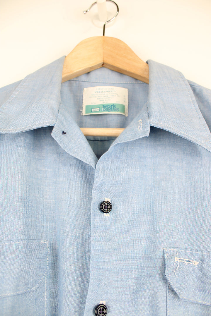 Vintage made in the USA 1970's perma-prest pale blue cotton work shirt with dagger collar and double chest pockets 