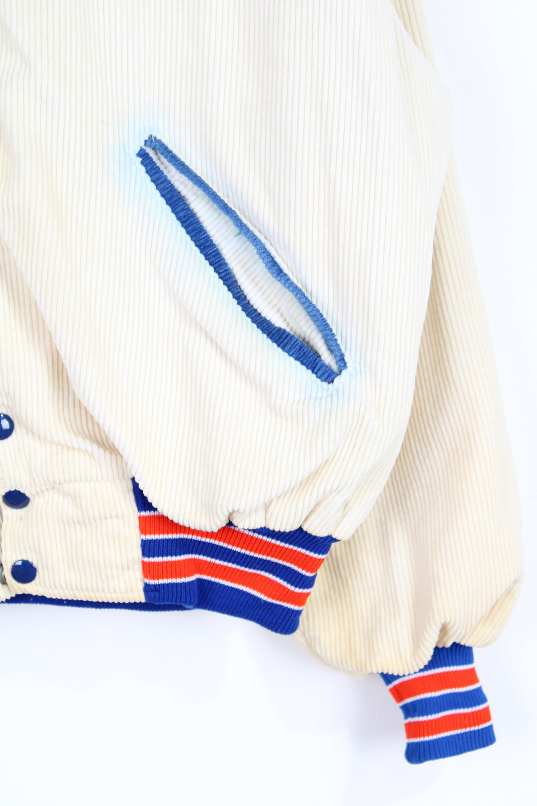 Vintage 1970s University of Florida 'Gators' cream corduroy varsity jacket by Delong Sportswear with embroidered badge and spell-out details