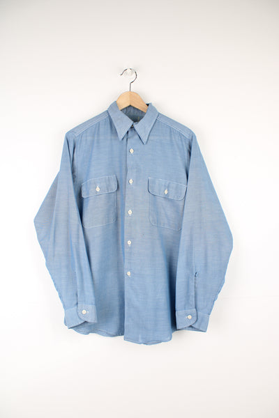 Vintage looks like 1970's pale blue cotton work shirt with dagger collar and double chest pockets 
