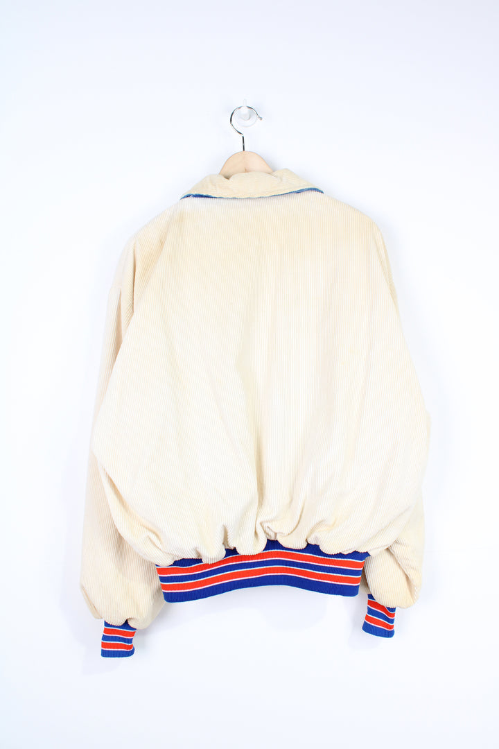 Vintage 1970s University of Florida 'Gators' cream corduroy varsity jacket by Delong Sportswear with embroidered badge and spell-out details