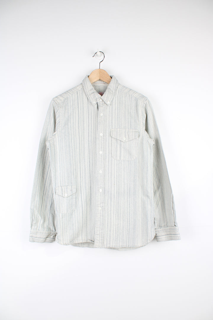 The Garbstore white with small blue pinstripes,  heavy duty cotton shirt with chest pocket  