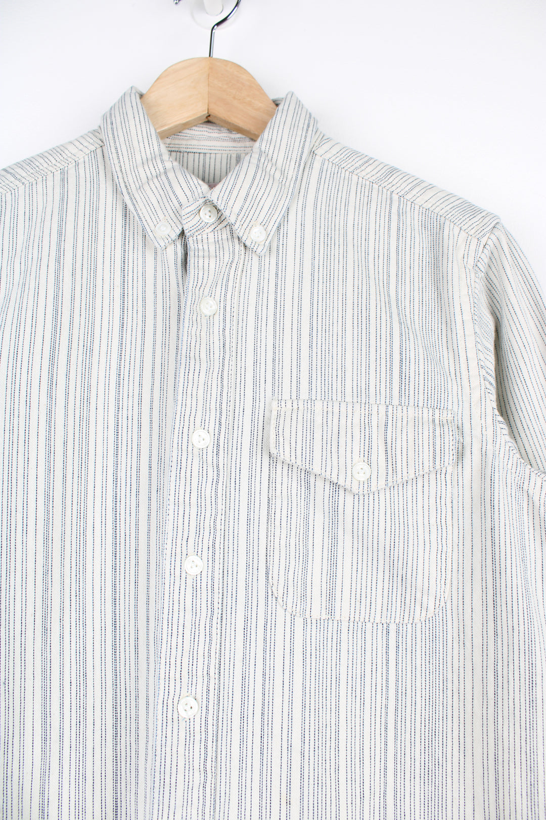 The Garbstore white with small blue pinstripes,  heavy duty cotton shirt with chest pocket  