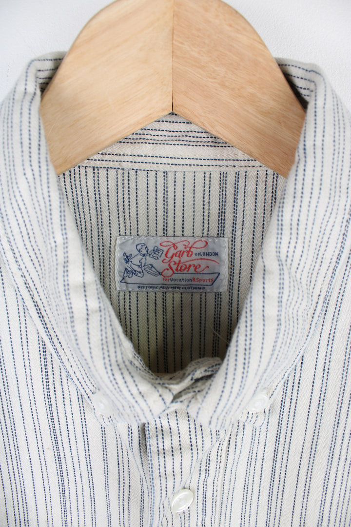 The Garbstore white with small blue pinstripes,  heavy duty cotton shirt with chest pocket  