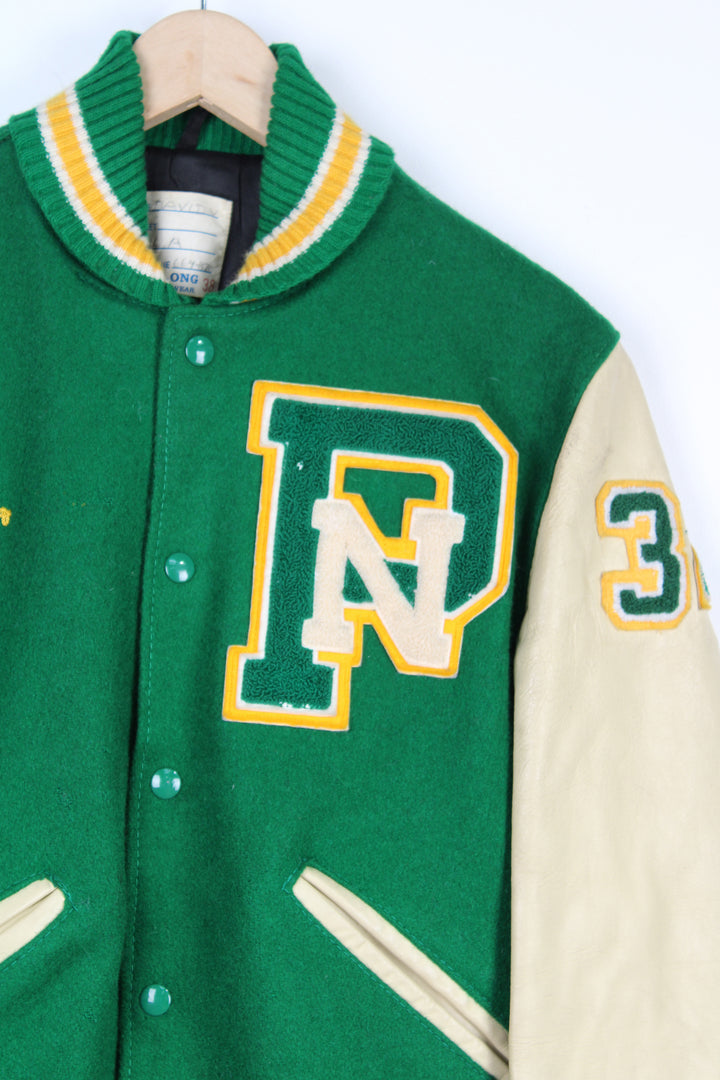 Vintage green and cream varsity jacket by Delong Sportswear with embroidered badge and spell-out details