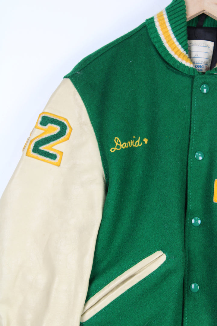 Vintage green and cream varsity jacket by Delong Sportswear with embroidered badge and spell-out details