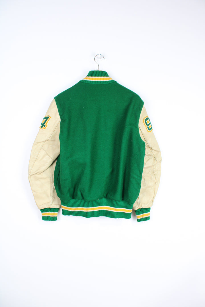 Vintage green and cream varsity jacket by Delong Sportswear with embroidered badge and spell-out details